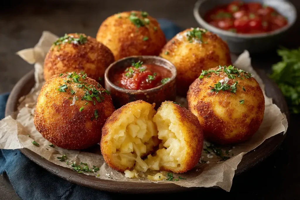 Baked Arancini served with marinara dipping sauce, golden crispy coating, and gooey mozzarella filling