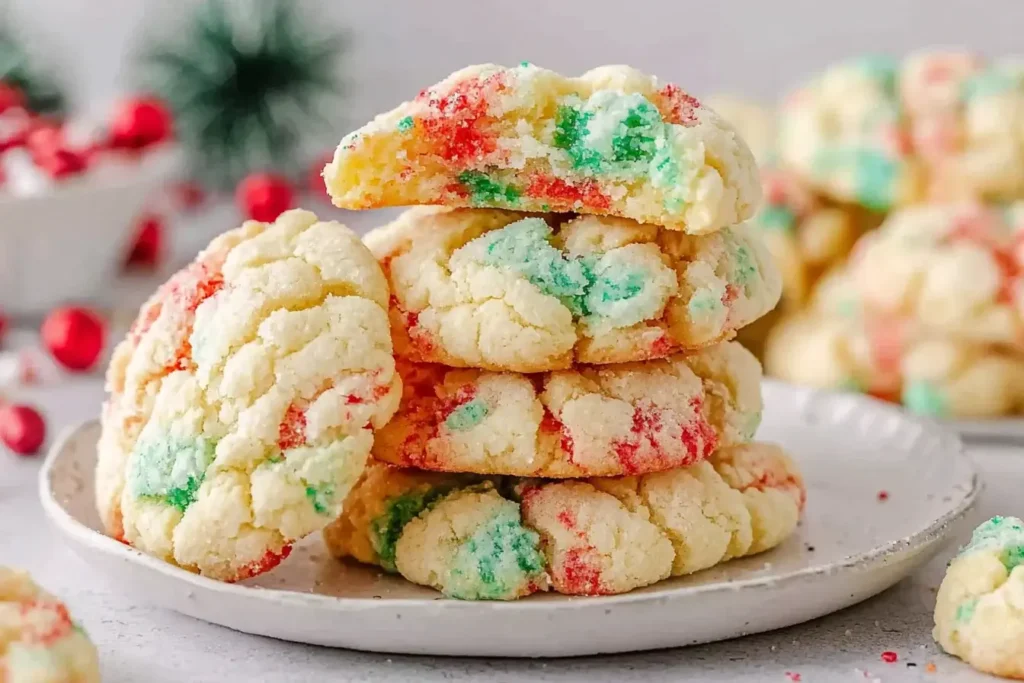 Stack of soft and chewy Christmas Gooey Butter Cookies with red and green sprinkles on a white plate.