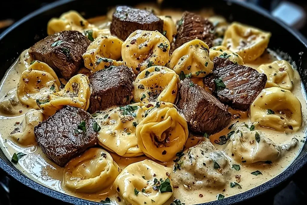 Creamy Garlic Steak Tortellini with tender seared steak bites and cheese tortellini coated in a rich garlic parmesan sauce.