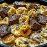 Creamy Garlic Steak Tortellini with tender seared steak bites and cheese tortellini coated in a rich garlic parmesan sauce.