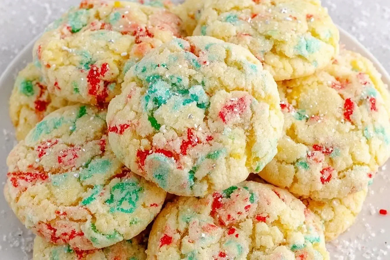Soft and chewy Christmas Gooey Butter Cookies with red and green sprinkles on a plate, dusted with powdered sugar.