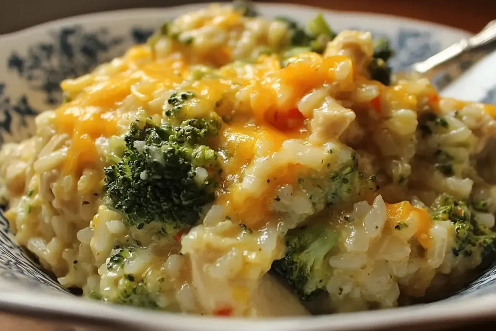 Close-up of creamy Crockpot Cheesy Chicken Broccoli Rice topped with melted cheddar and tender broccoli in a patterned bowl.