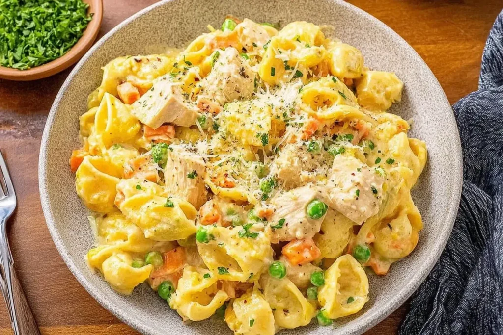 Creamy Chicken Pot Pie Pasta served in a bowl with tender chicken, peas, carrots, and a rich creamy sauce topped with parmesan.