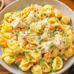 Creamy Chicken Pot Pie Pasta served in a bowl with tender chicken, peas, carrots, and a rich creamy sauce topped with parmesan.
