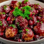 Quick Christmas Cranberry Meatballs served with a rich cranberry sauce, garnished with fresh parsley.