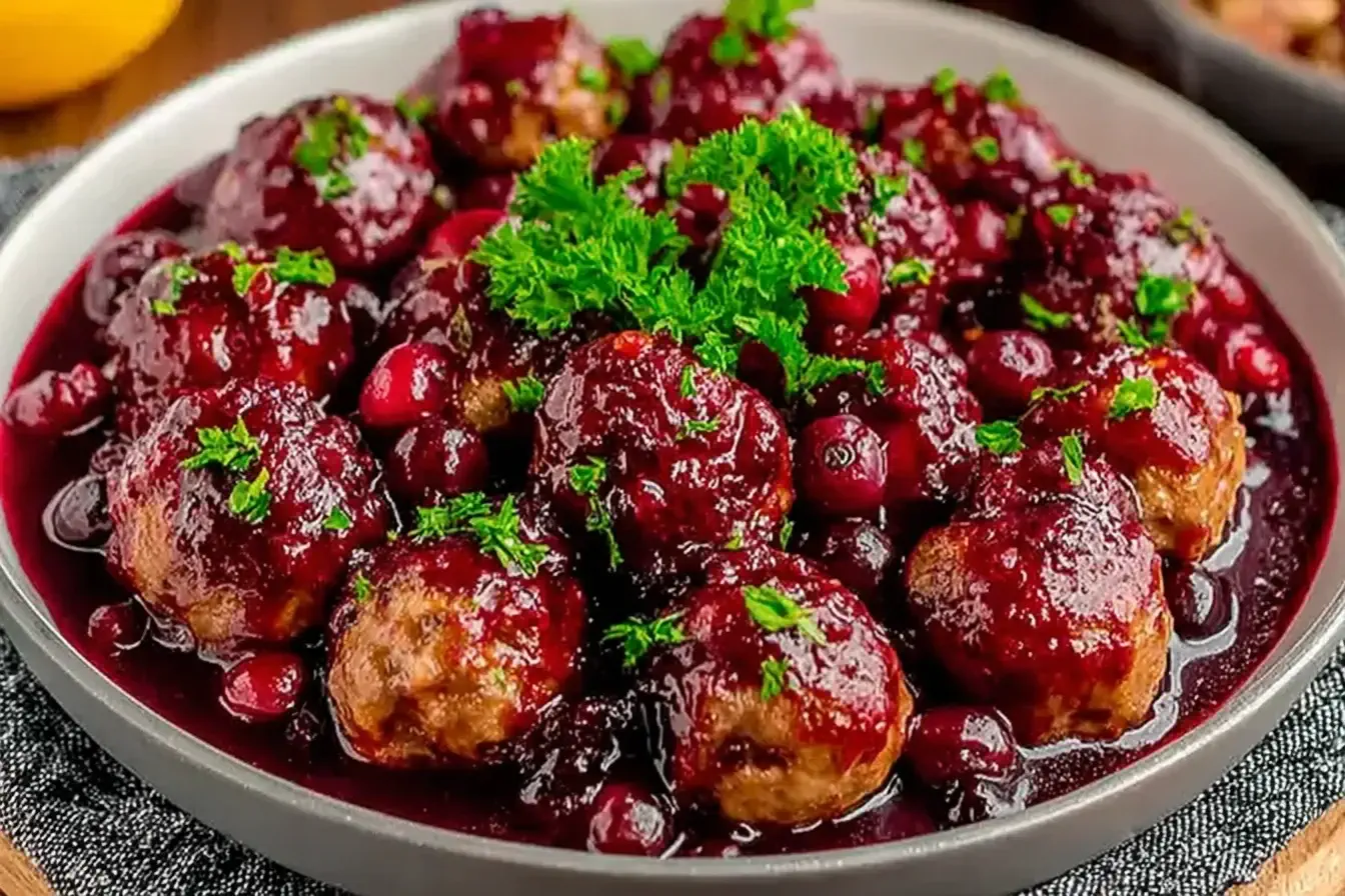 Quick Christmas Cranberry Meatballs served with a rich cranberry sauce, garnished with fresh parsley.