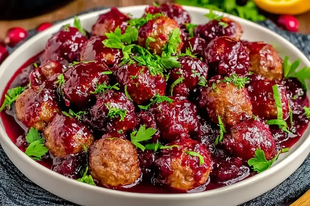 Quick Christmas Cranberry Meatballs in a rich cranberry sauce, garnished with fresh parsley.