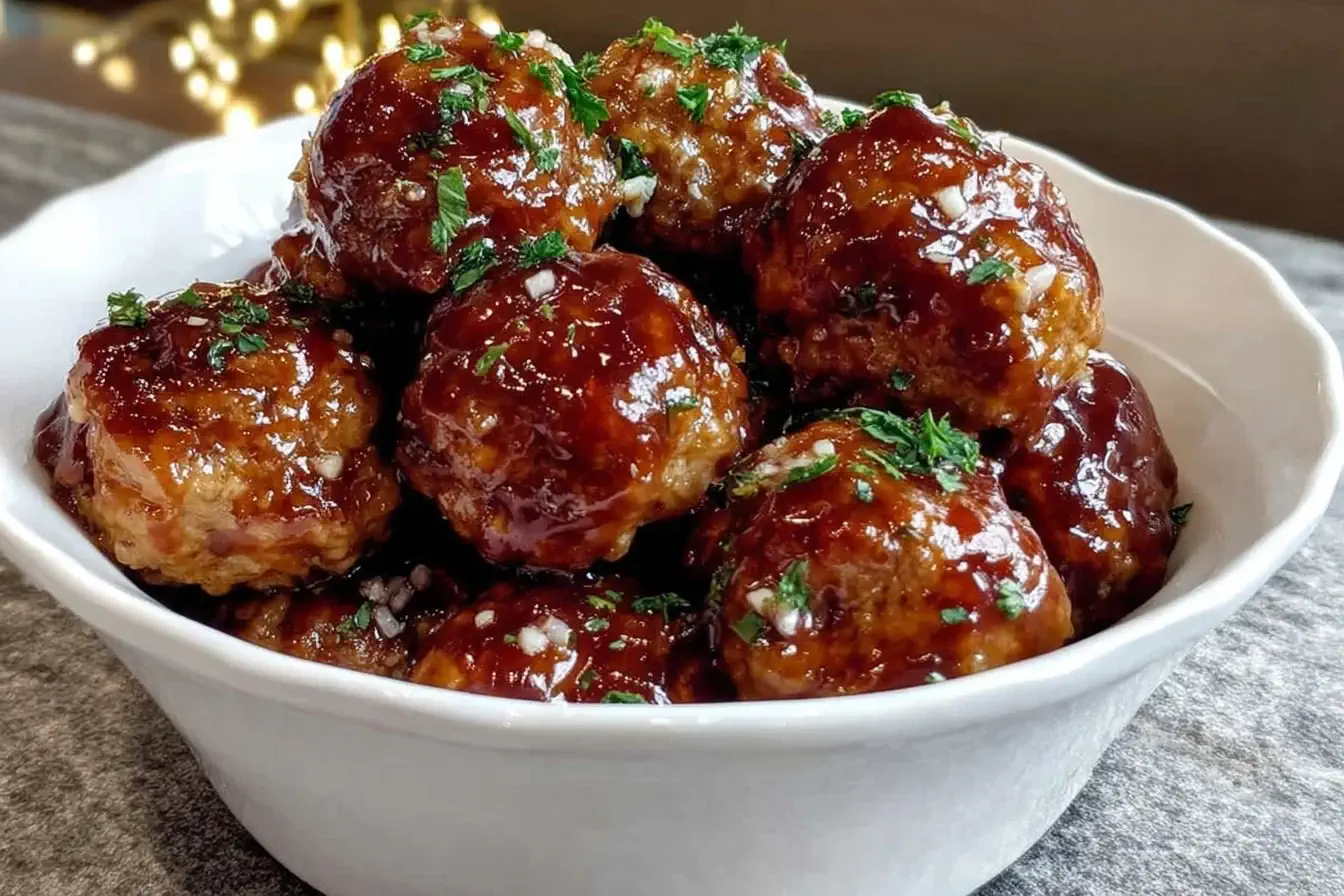 Juicy Slow Cooker Honey Garlic Meatballs glazed with a rich honey garlic sauce and sprinkled with fresh parsley in a white bowl.