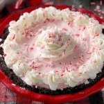 No Bake Christmas Peppermint Pie with pink creamy filling, Oreo crust, whipped cream swirls, and crushed peppermint candy in a red pie dish.