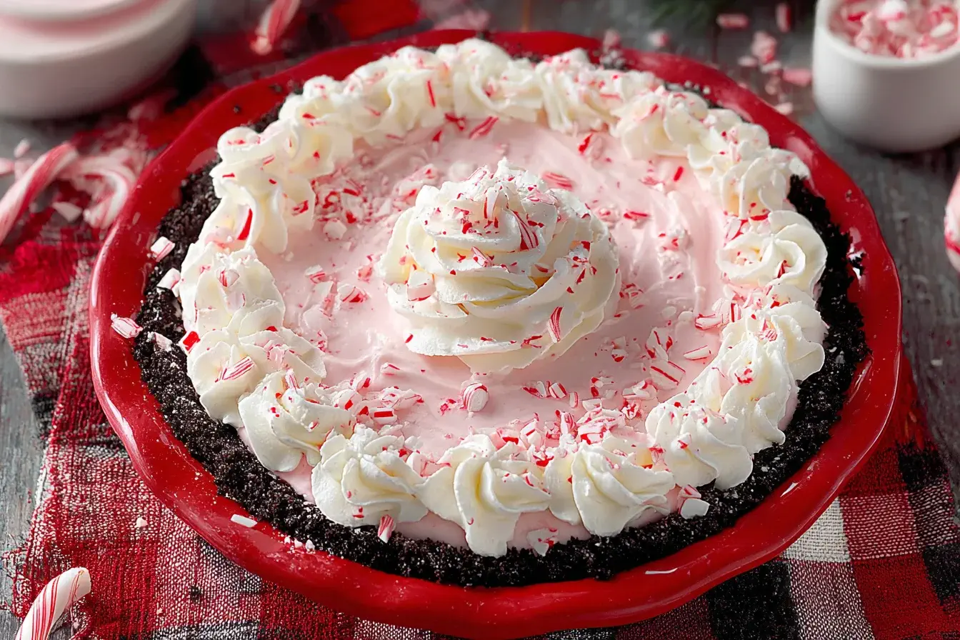 No Bake Christmas Peppermint Pie with pink creamy filling, Oreo crust, whipped cream swirls, and crushed peppermint candy in a red pie dish.