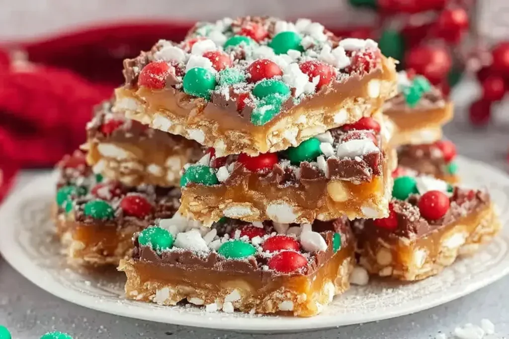 Stacked Christmas Crack candy with caramel toffee, chocolate, red and green M&Ms, and crushed peppermint on a festive holiday plate.