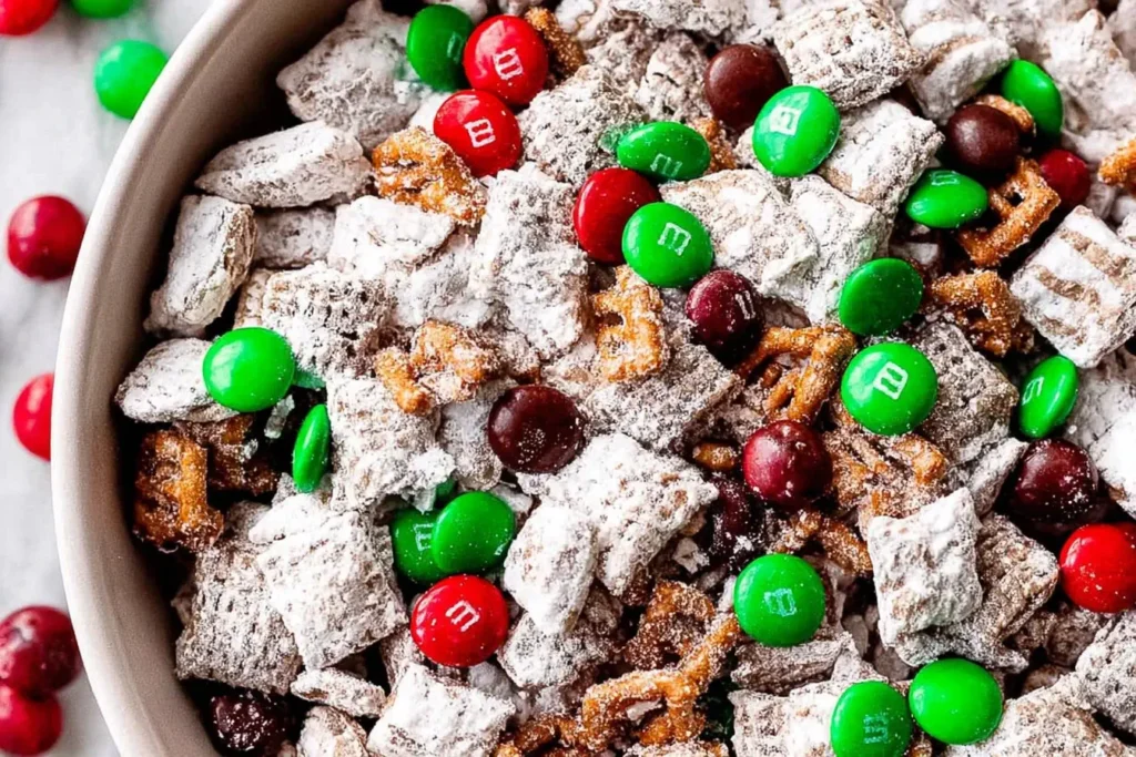 Close-up of Reindeer Food Recipe (Christmas Puppy Chow) with Chex cereal, pretzels, and red and green M&Ms coated in powdered sugar for a festive Christmas treat.