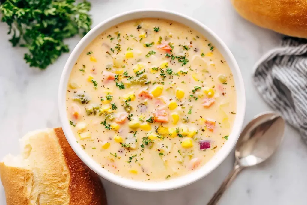 Creamy Vegetable Soup in a white bowl with corn, carrots, potatoes, and herbs, served with crusty bread.