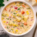 Creamy Vegetable Soup in a white bowl filled with potatoes, corn, carrots, and broccoli in a rich, creamy broth.