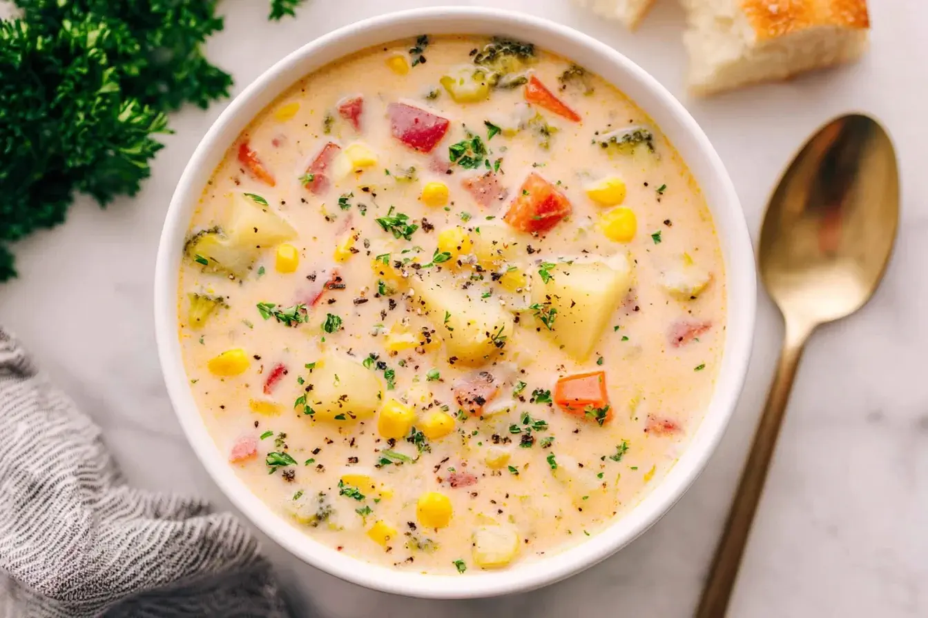 Creamy Vegetable Soup in a white bowl filled with potatoes, corn, carrots, and broccoli in a rich, creamy broth.