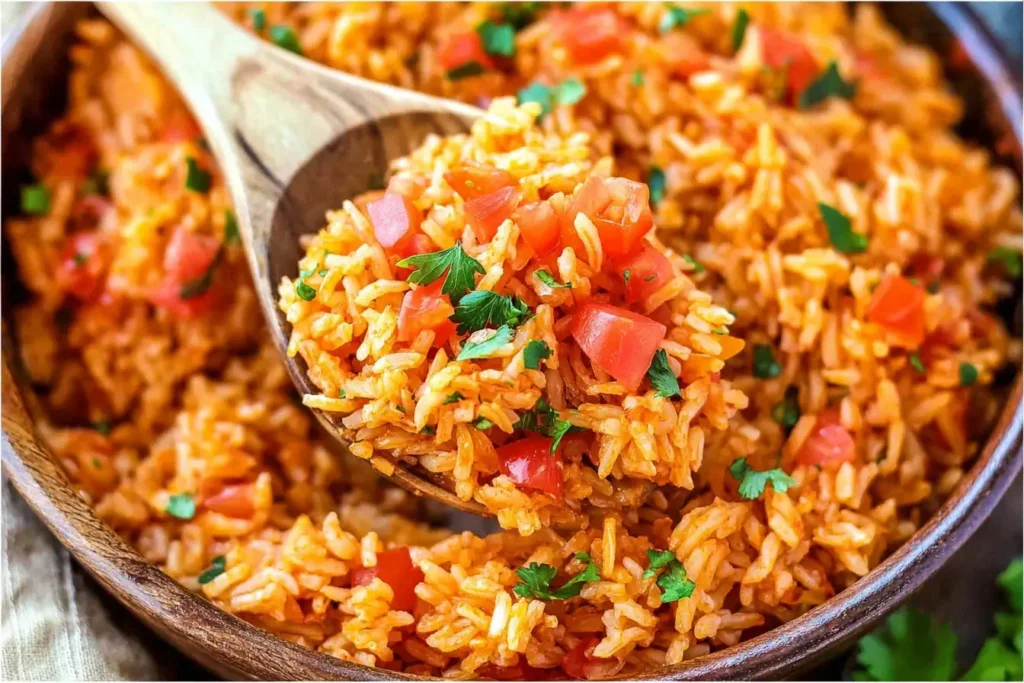 Spoonful of rotel mexican rice with tomatoes and fresh herbs, showing fluffy seasoned rice in a wooden bowl.