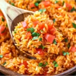 Spoonful of rotel mexican rice with tomatoes and fresh herbs, showing fluffy seasoned rice in a wooden bowl.