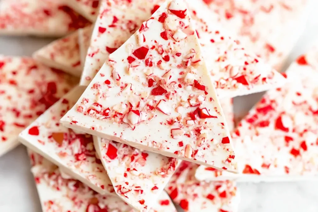 Close-up of Salted Peppermint Bark with crushed peppermint candy pieces