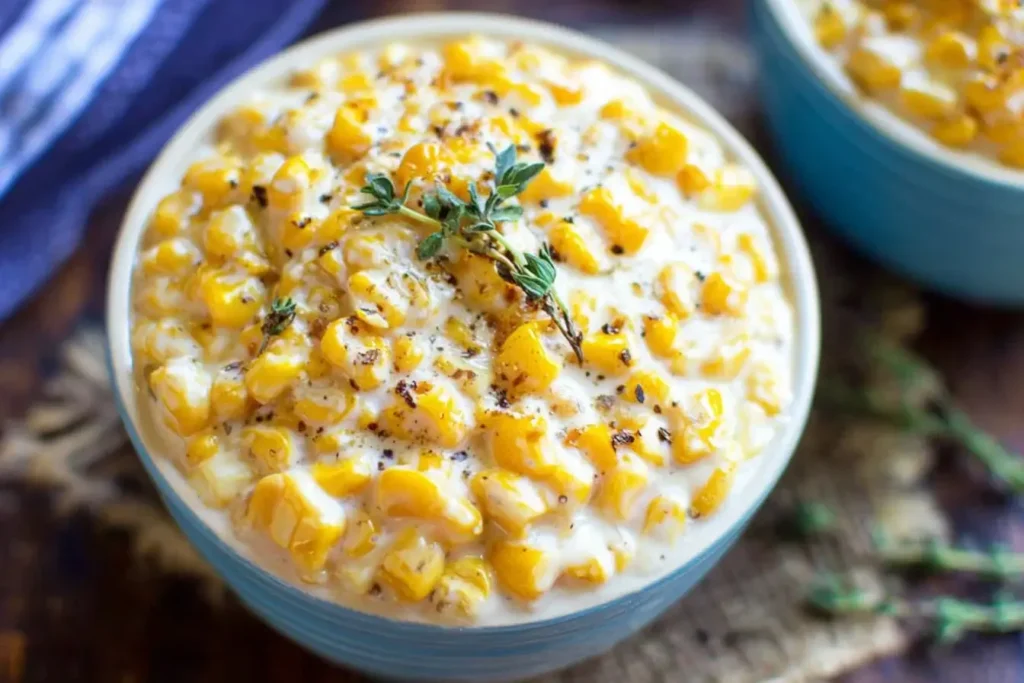 Bowl of creamy Slow Cooker Creamed Corn topped with herbs and black pepper.