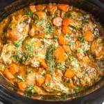 Crockpot Chicken Thigh Pot Roast simmering with tender chicken, carrots, and savory gravy inside a slow cooker.