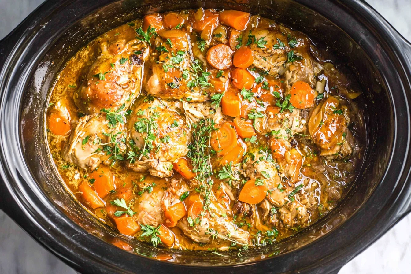 Crockpot Chicken Thigh Pot Roast simmering with tender chicken, carrots, and savory gravy inside a slow cooker.