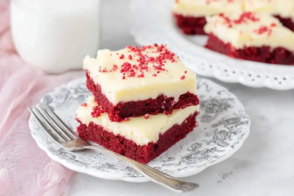 Red Velvet Cookie Bars topped with creamy frosting stacked on a decorative plate.