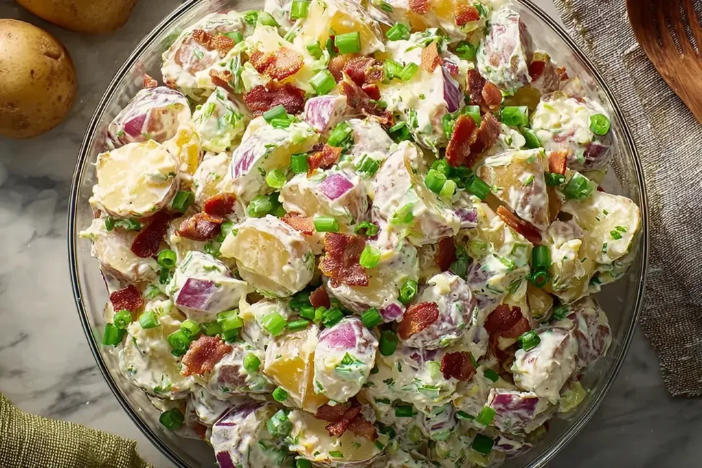 Classic Steakhouse Potato Salad with creamy dressing, red onions, green onions, and crispy bacon — a hearty and flavorful side dish.