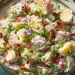Creamy Steakhouse Potato Salad with bacon, red onions, and chives in a glass bowl — the perfect side dish for BBQs or family dinners.