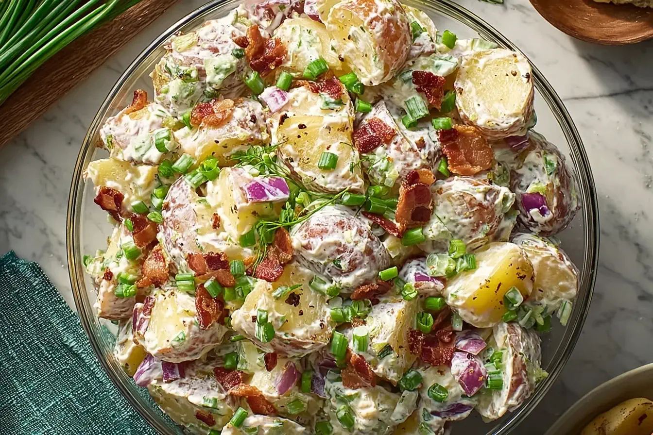 Creamy Steakhouse Potato Salad with bacon, red onions, and chives in a glass bowl — the perfect side dish for BBQs or family dinners.