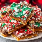 Festive Christmas Crack toffee topped with chocolate, red and green sprinkles, and candy pieces on a holiday plate.
