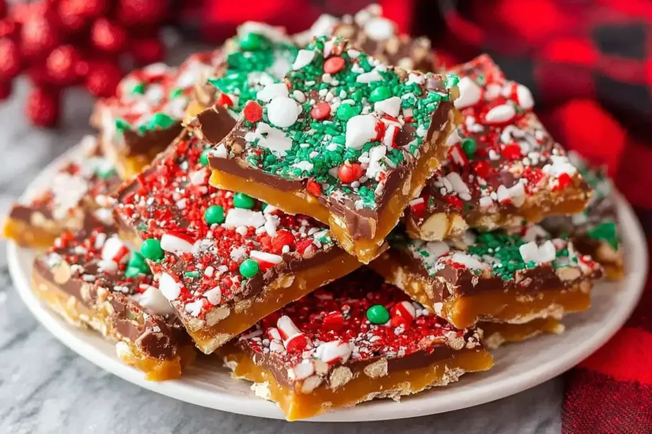 Festive Christmas Crack toffee topped with chocolate, red and green sprinkles, and candy pieces on a holiday plate.
