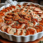 Scalloped Sweet Potatoes Brown Sugar casserole baked in a white dish, topped with fresh herbs and creamy brown sugar sauce.