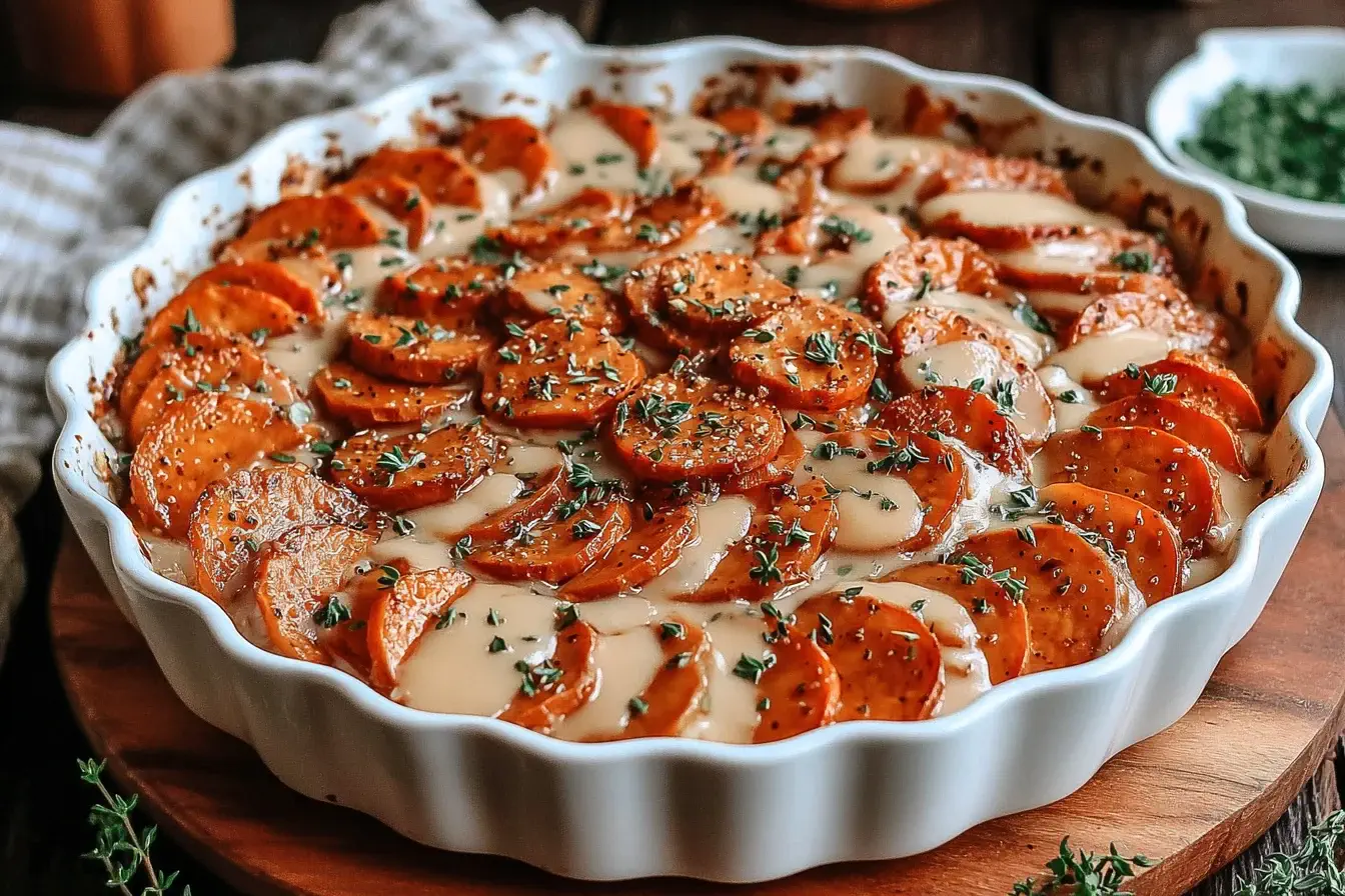 Scalloped Sweet Potatoes Brown Sugar casserole baked in a white dish, topped with fresh herbs and creamy brown sugar sauce.