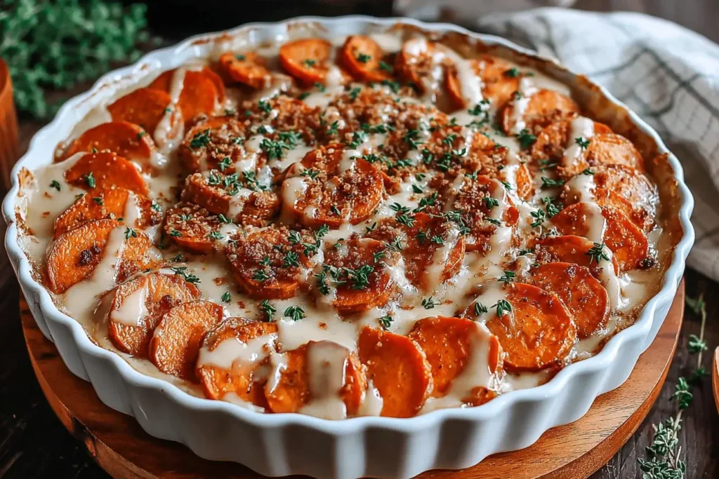 Scalloped Sweet Potatoes Brown Sugar casserole topped with creamy sauce, toasted crumbs, and fresh herbs in a white baking dish.