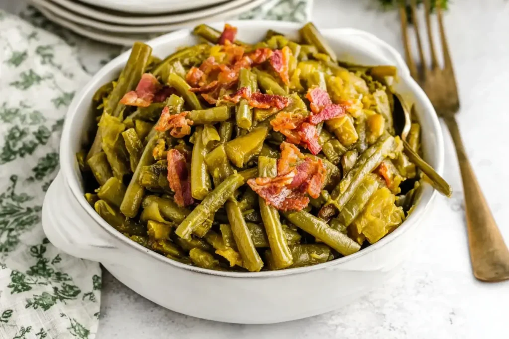Crock Pot Green Beans topped with crispy bacon served in a white bowl on a table.