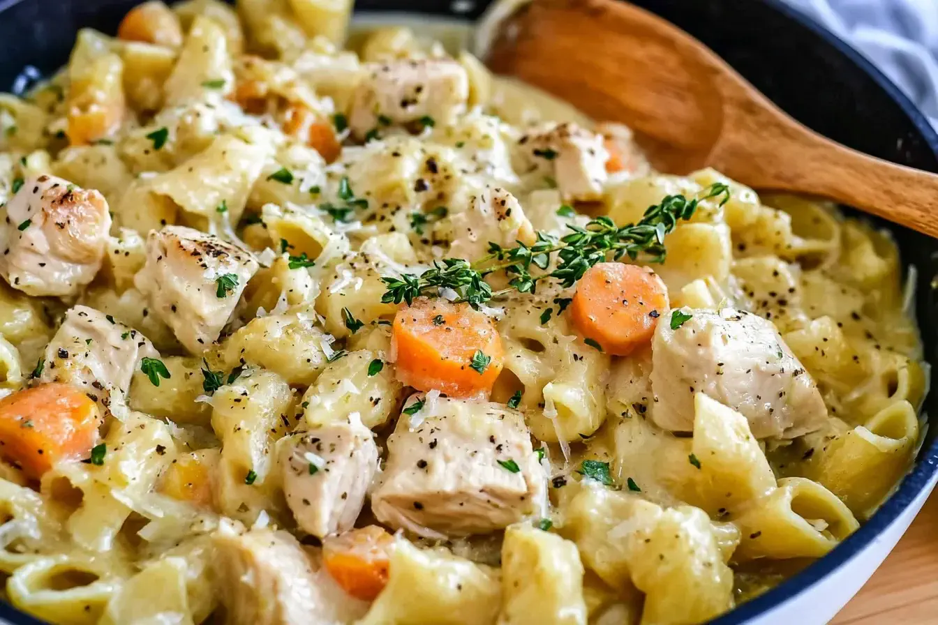 Creamy Chicken Pot Pie Pasta in a skillet with tender chicken, carrots, and a rich creamy sauce garnished with herbs.