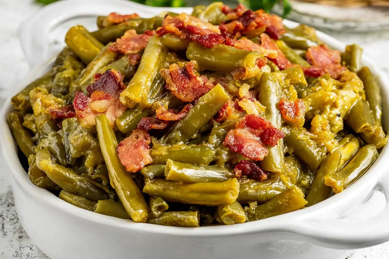 Crock Pot Green Beans with tender slow-cooked green beans and crispy bacon in a white serving dish.