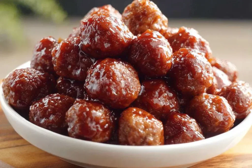 Tender Slow Cooker Honey Garlic Meatballs coated in a glossy, sweet and savory sauce served in a white bowl.