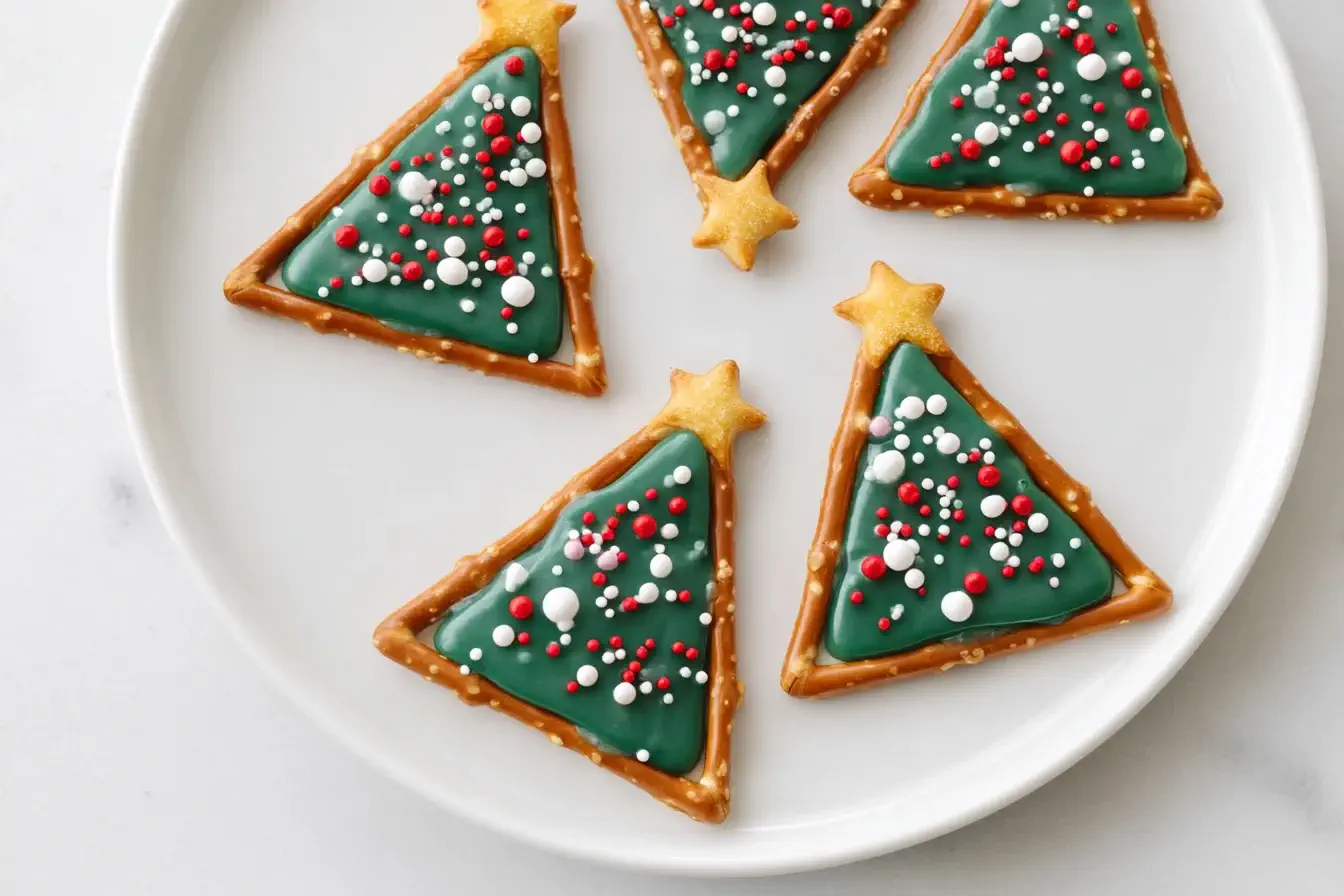 Pretzel and Candy Melt Christmas Trees arranged on a white plate, featuring pretzel triangle frames filled with green candy melts and festive sprinkles.