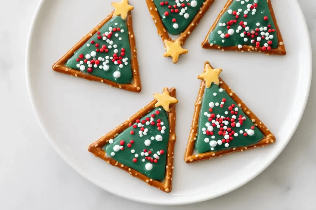 Pretzel and Candy Melt Christmas Trees on a white plate, made with pretzel triangles filled with green candy melts and decorated with festive sprinkles.