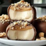 High Protein Frozen Peanut Butter Yogurt Bites coated in chocolate and topped with crushed peanuts, showing creamy frozen centers.
