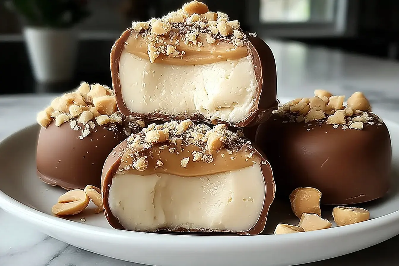 High Protein Frozen Peanut Butter Yogurt Bites coated in chocolate and topped with crushed peanuts, showing creamy frozen centers.