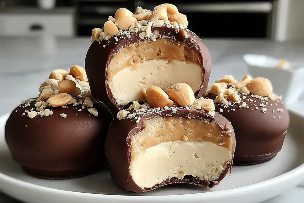 High Protein Frozen Peanut Butter Yogurt Bites coated in chocolate and topped with crushed peanuts, showing a creamy center with a bite taken out.