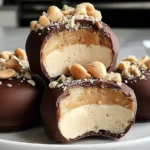 High Protein Frozen Peanut Butter Yogurt Bites coated in chocolate and topped with crushed peanuts, showing a creamy center with a bite taken out.