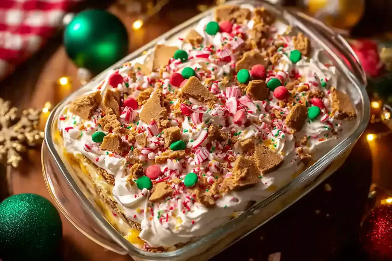 Christmas Cookie Lasagna topped with whipped cream, crushed cookies, peppermint candies, and festive sprinkles in a glass dish.