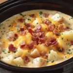 Creamy Crock Pot Crack Potato Soup topped with melted cheddar, crispy bacon, and fresh herbs inside a black slow cooker.