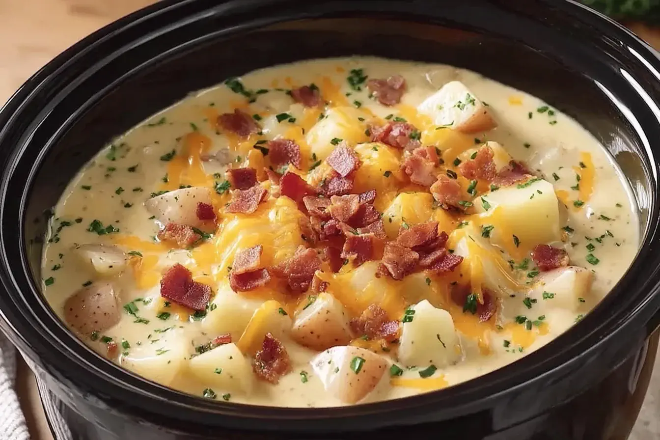Creamy Crock Pot Crack Potato Soup topped with melted cheddar, crispy bacon, and fresh herbs inside a black slow cooker.