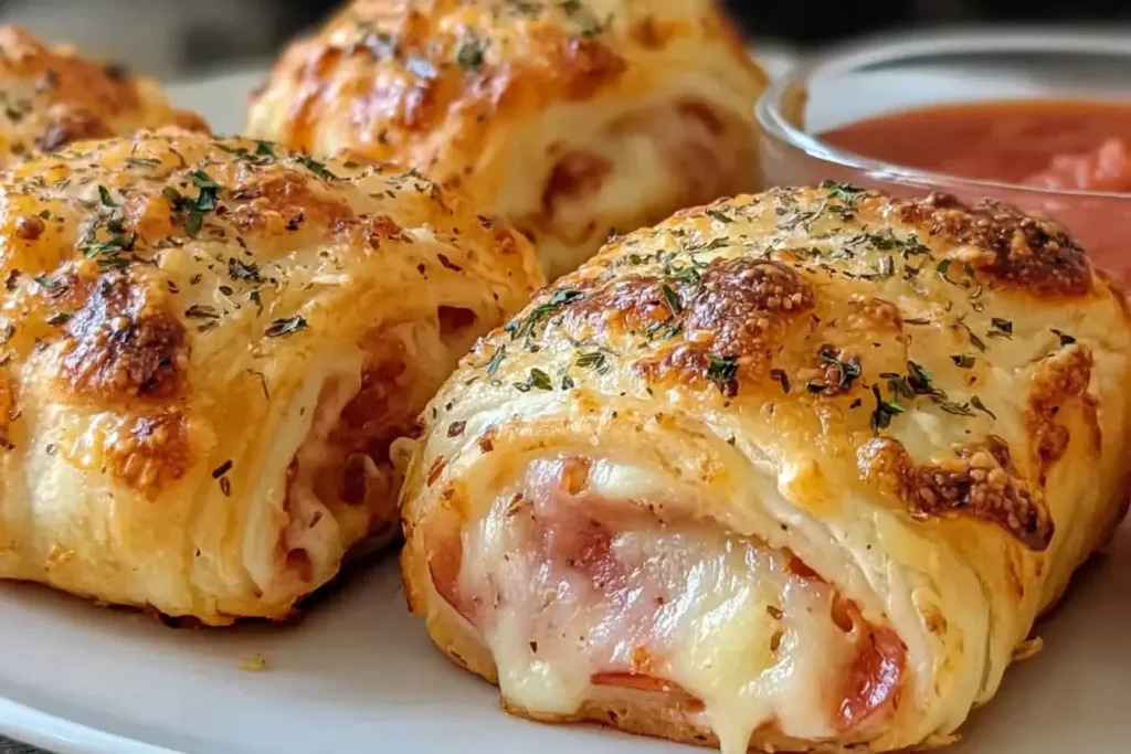 Air Fryer Pizza Rolls with golden flaky crust filled with melted cheese and pepperoni