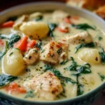 Creamy Olive Garden Chicken Gnocchi Soup in a bowl with tender chicken, soft gnocchi, spinach, and carrots.