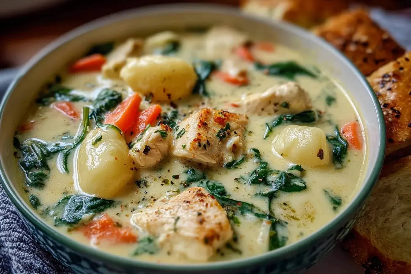 Creamy Olive Garden Chicken Gnocchi Soup in a bowl with tender chicken, soft gnocchi, spinach, and carrots.